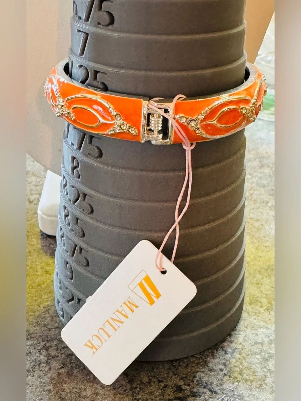Orange Enamel & Rhinestone Clamper Bangle Bracelet